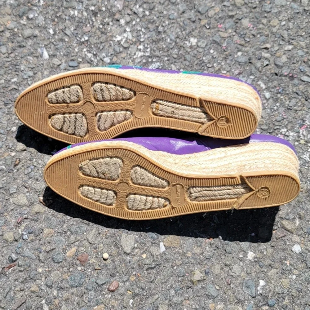 Margaret J Vintage 80s Purple Leather Floral Embroidered Espadrille Wedges 8.5 N